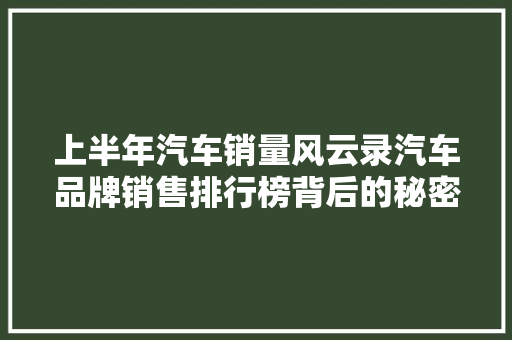 上半年汽车销量风云录汽车品牌销售排行榜背后的秘密