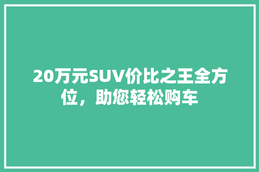 20万元SUV价比之王全方位，助您轻松购车