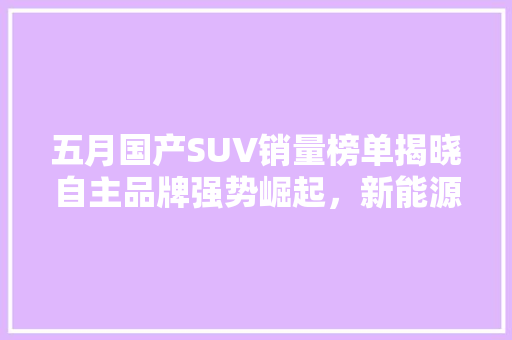五月国产SUV销量榜单揭晓自主品牌强势崛起，新能源汽车引领潮流