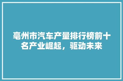 亳州市汽车产量排行榜前十名产业崛起，驱动未来