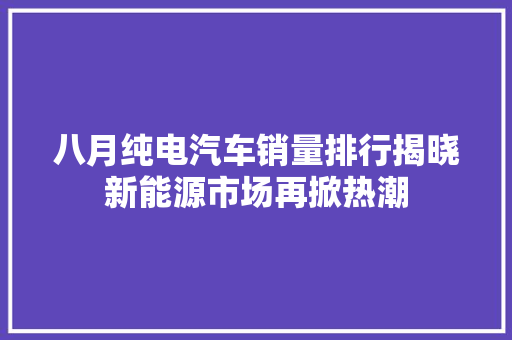 八月纯电汽车销量排行揭晓新能源市场再掀热潮