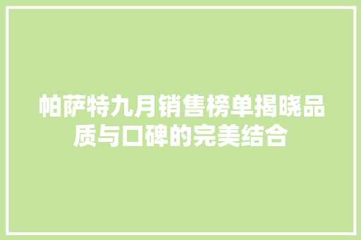 帕萨特九月销售榜单揭晓品质与口碑的完美结合