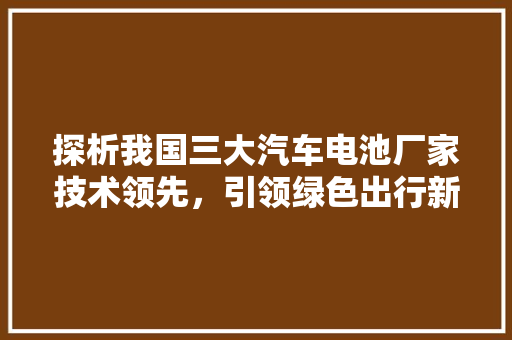 探析我国三大汽车电池厂家技术领先，引领绿色出行新时代